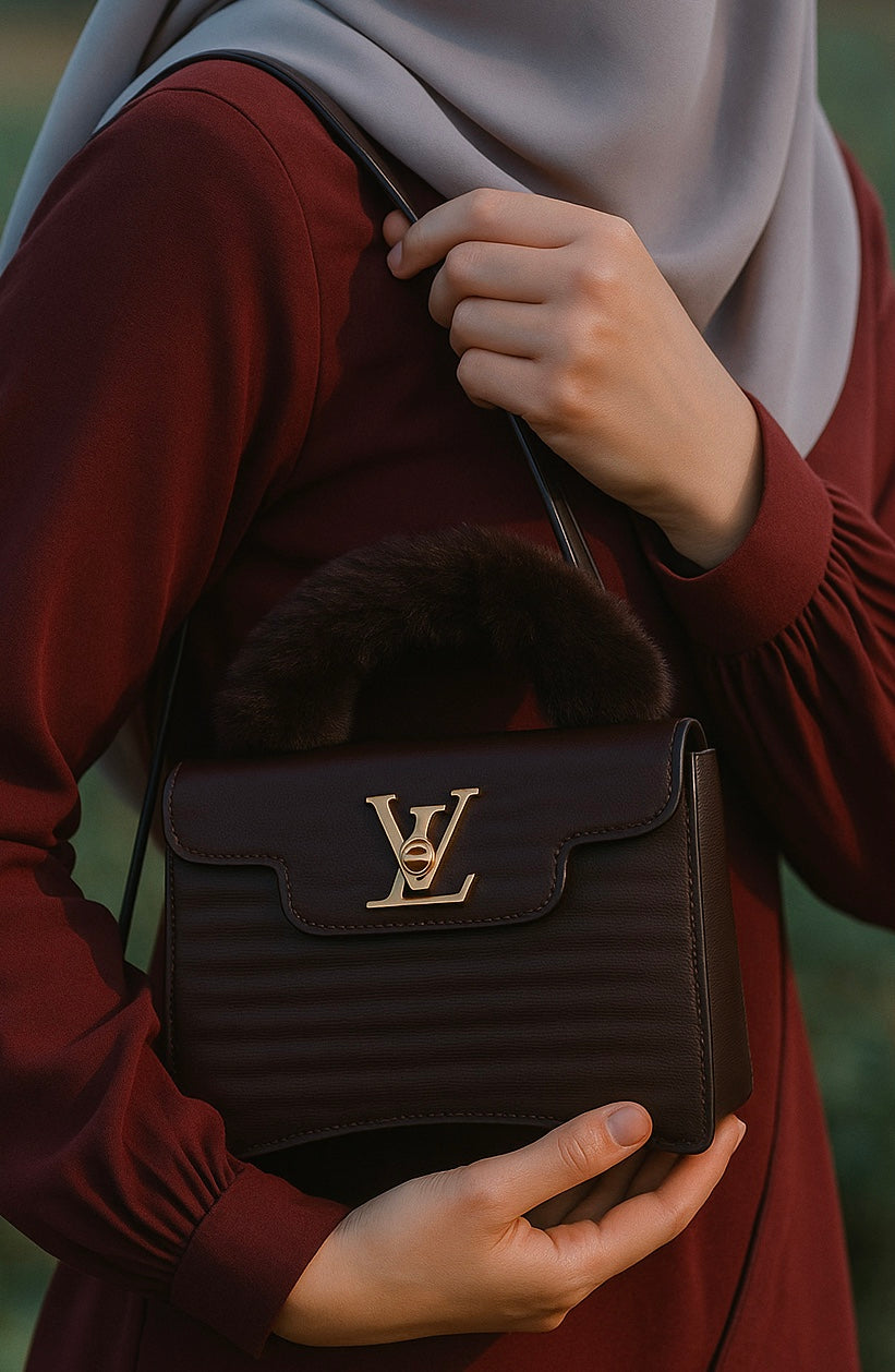 Dark Brown Faux Fur Handle Bag